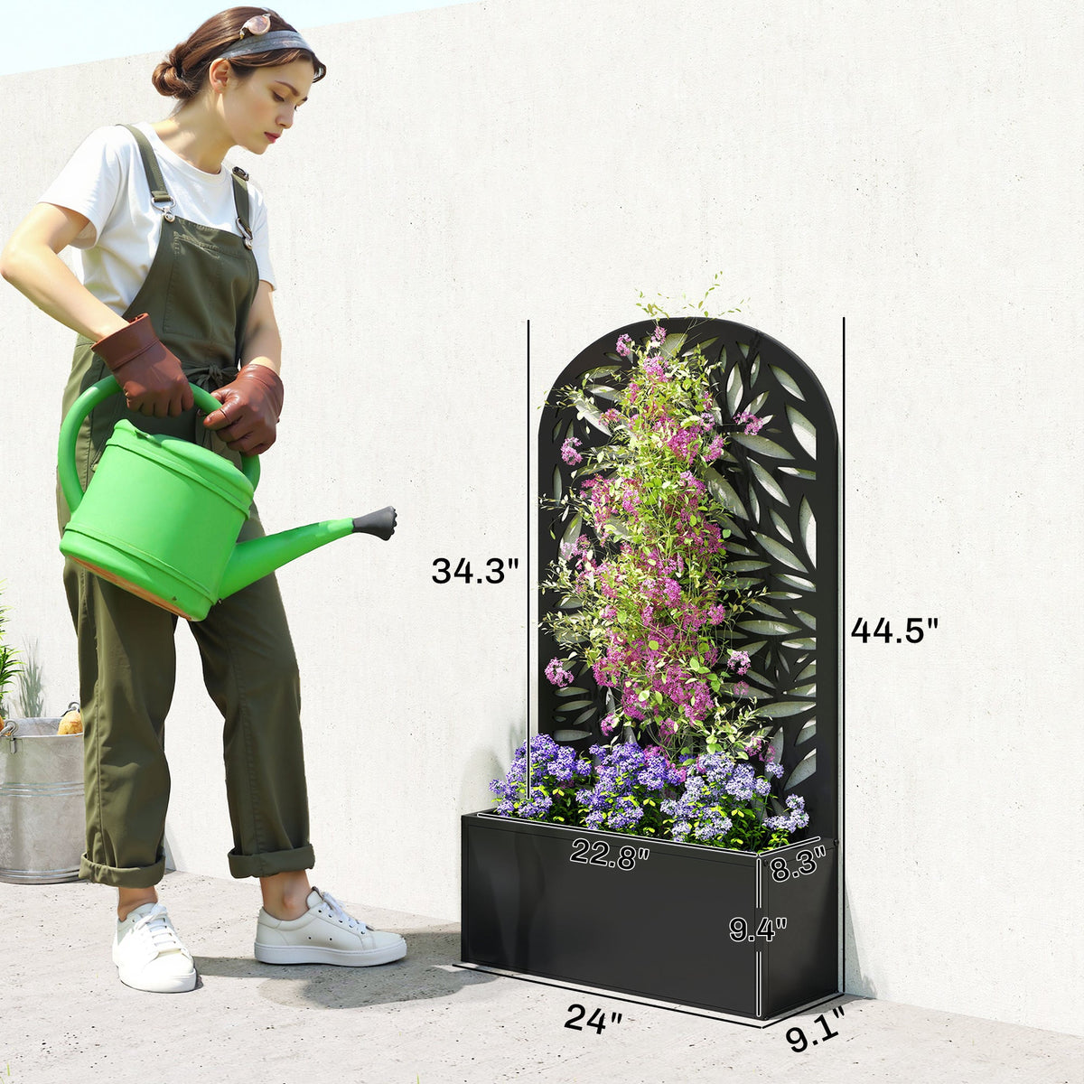 Metal Raised Garden Bed with Curved Trellis Panel, Leaves Cut-Out — product view 5