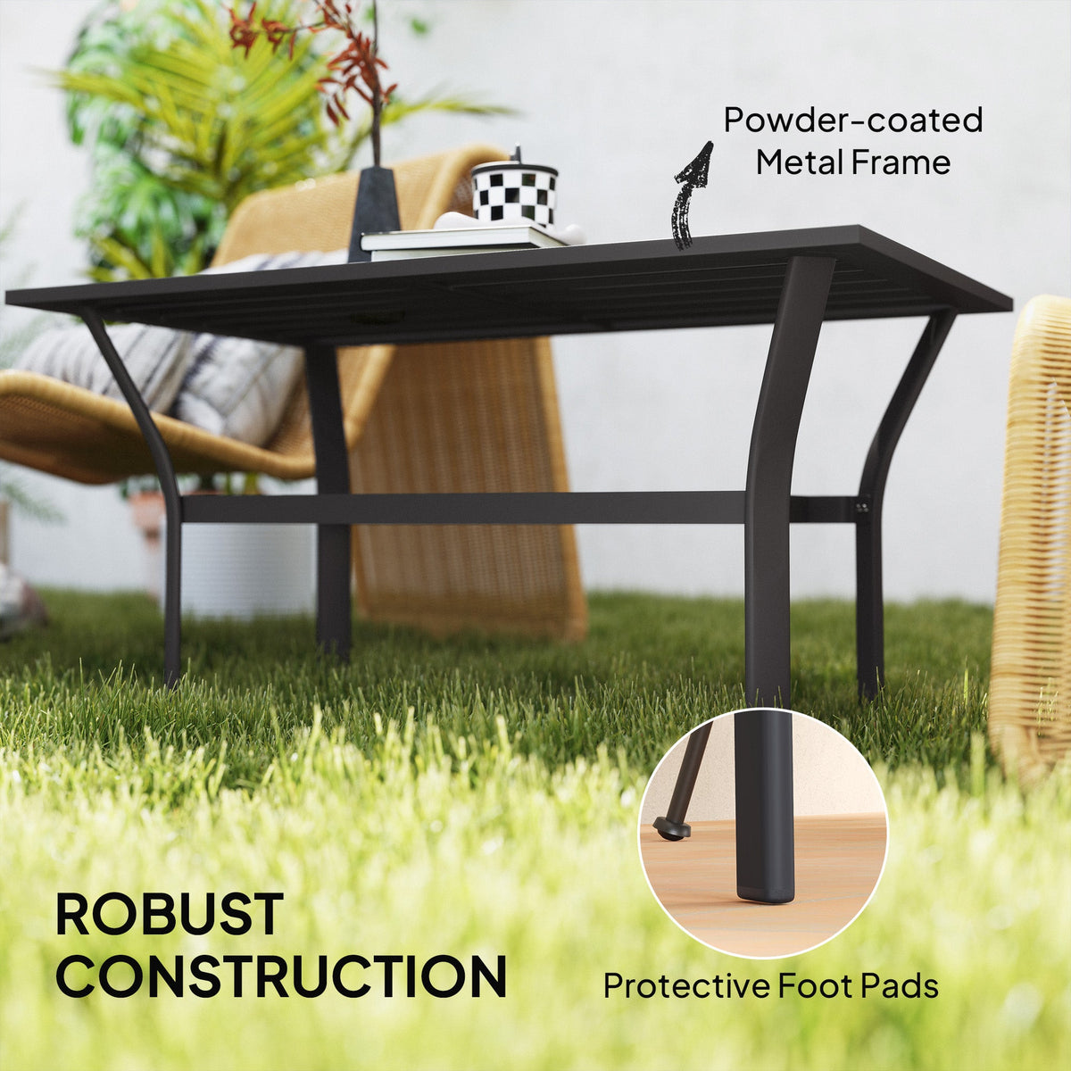 Outdoor Metal Coffee Table with Slatted Top, Black — product view 7