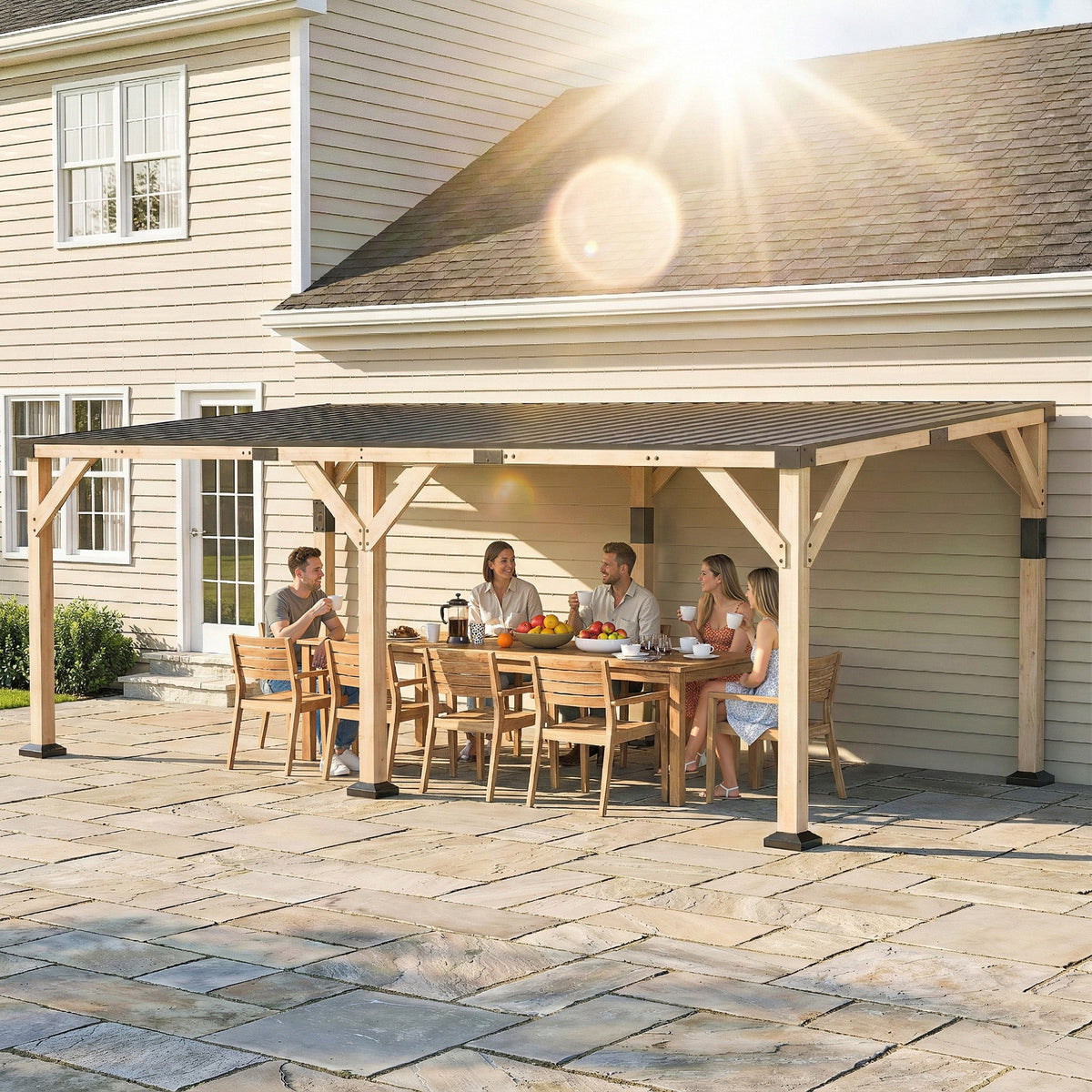 PerArbor 10' x 20' Wooden Lean-to Gazebo with Galvanized Steel Sloped Roof, Light Walnut — product view 3