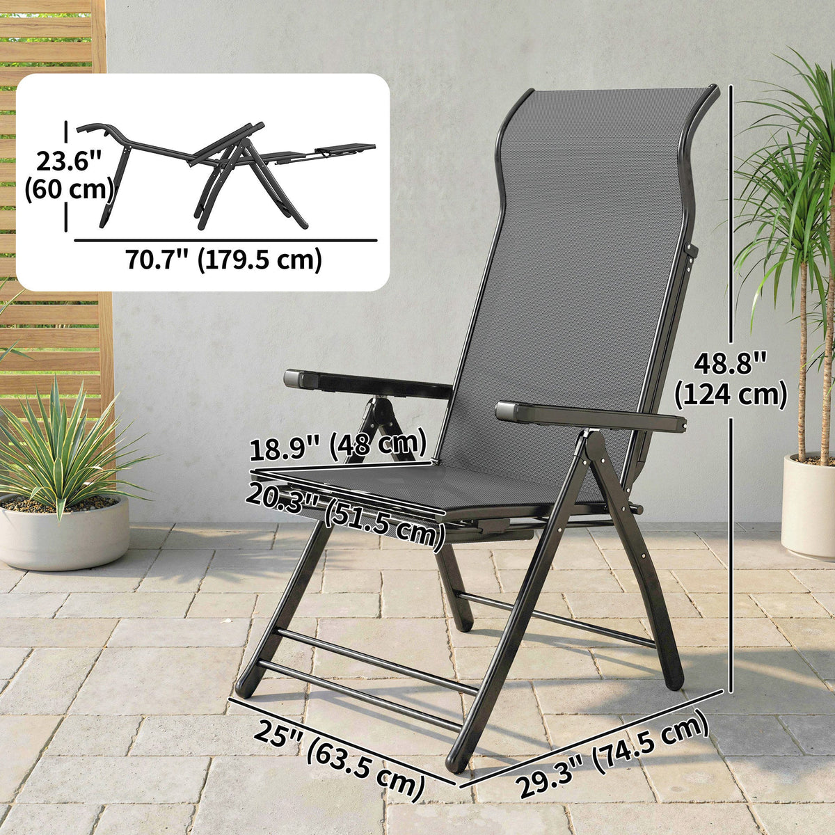 Set of 2 Folding Patio Chairs with Footrest and 5-Position Recline, Dark Grey — product view 5
