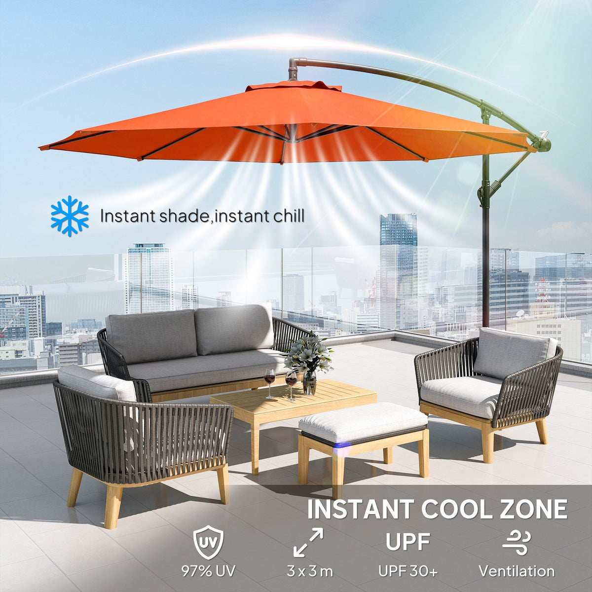 3 m Banana Parasol with Crank Handle, 8 Ribs & Cross Base, Orange — product view 6