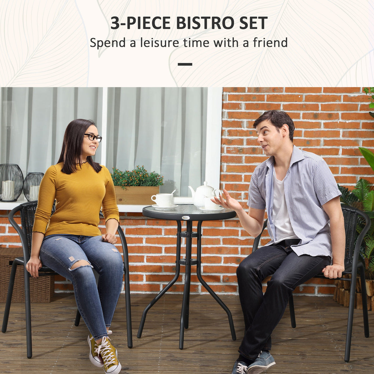 3 Piece Rattan Bistro Set with Coffee Table & Stackable Chairs, Black — product view 6