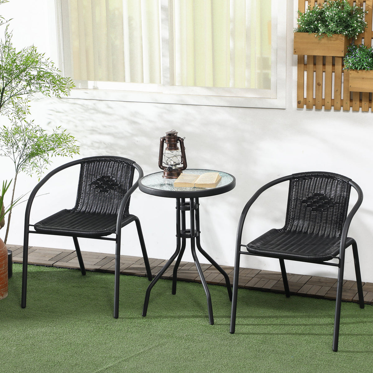 3 Piece Rattan Bistro Set with Coffee Table & Stackable Chairs, Black — product view 4