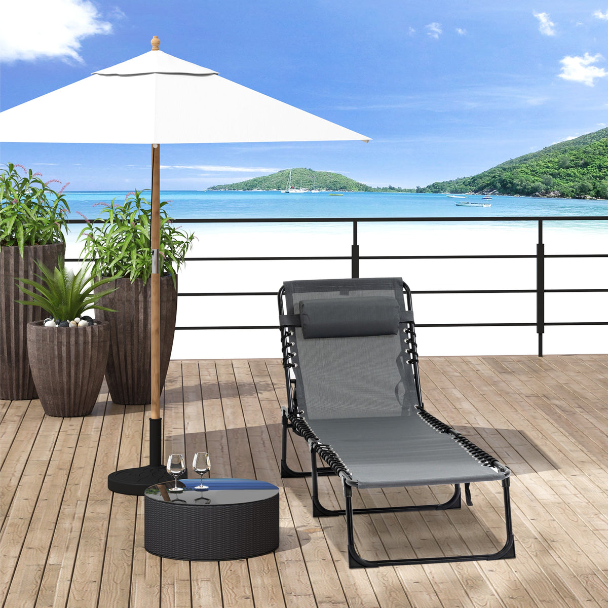Folding Lounge Chair with Adjustable Backrest and Pillow, Grey — product view 4