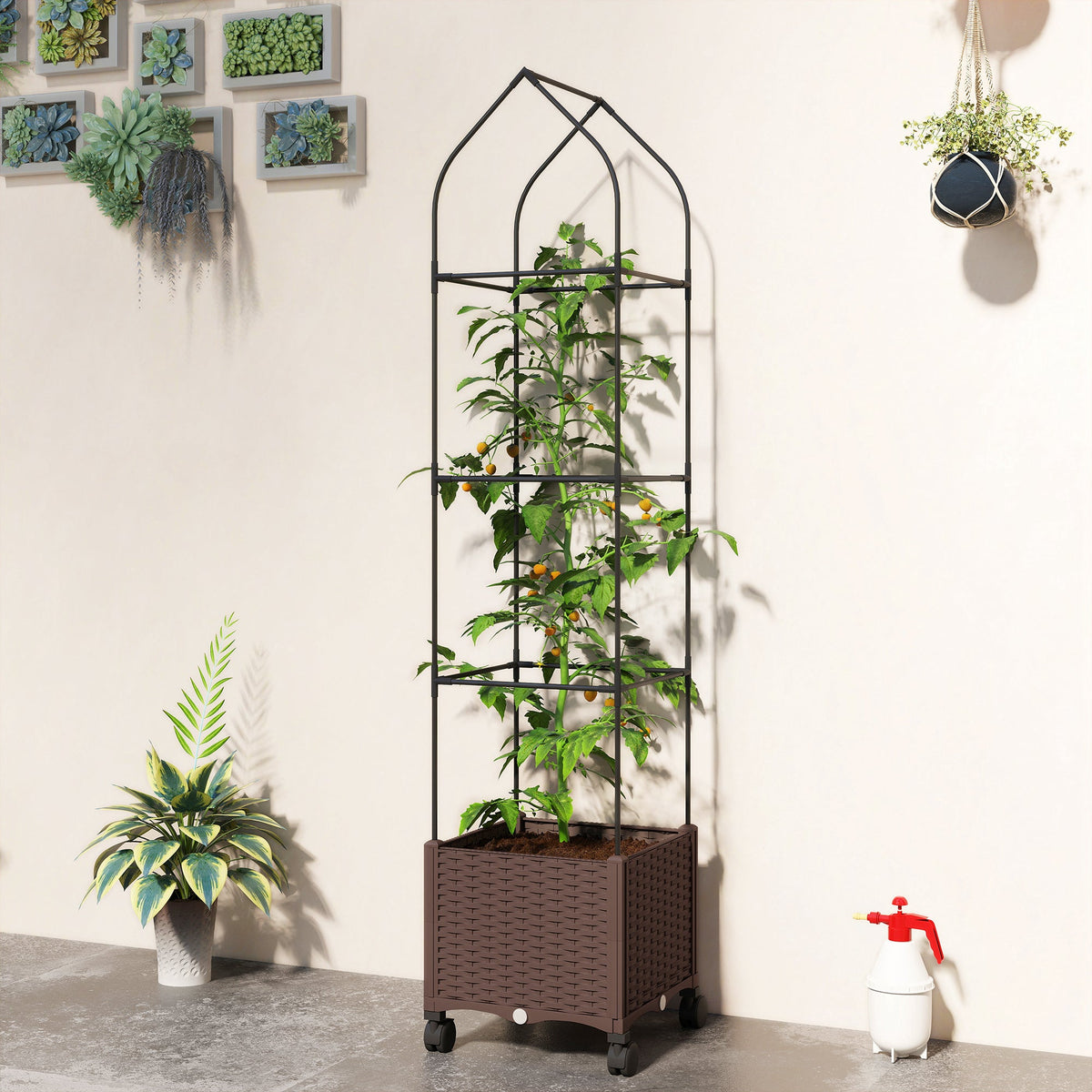 Self Watering Raised Garden Bed with Trellis & Wheels, Brown — product view 4