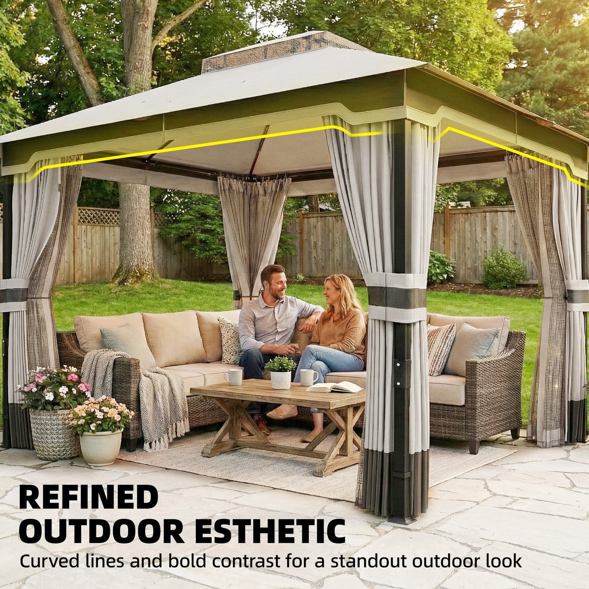 3 x 3.6 m Garden Gazebo with Double Roof, Netting & Curtains, Light Grey — product view 7