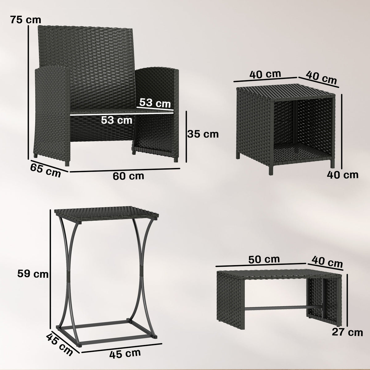6 Piece Rattan Garden Furniture Set with 2 Nesting Tables, Black — product view 5