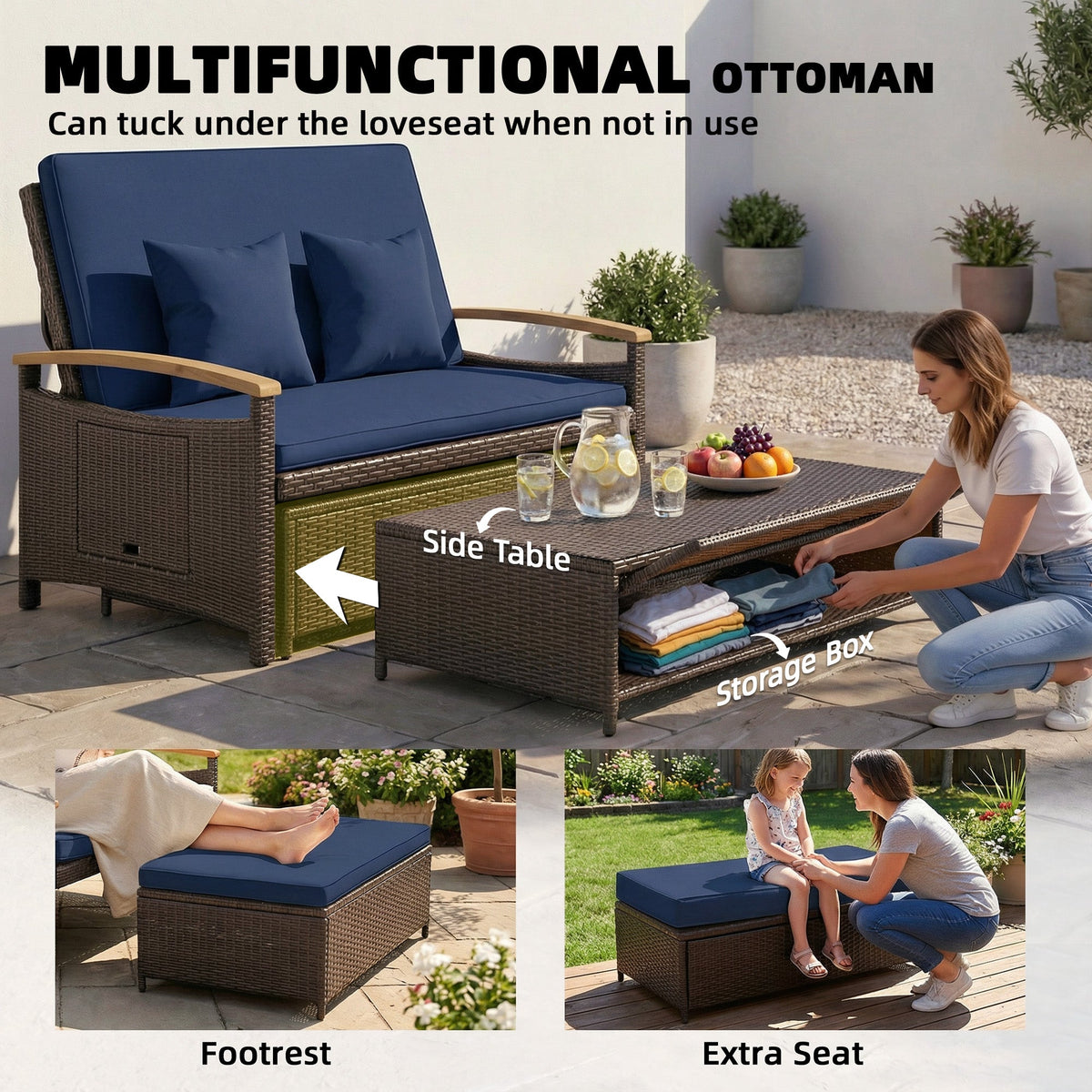Rattan Daybed with Adjustable Backrest, Storage Ottoman, Navy Blue — product view 6