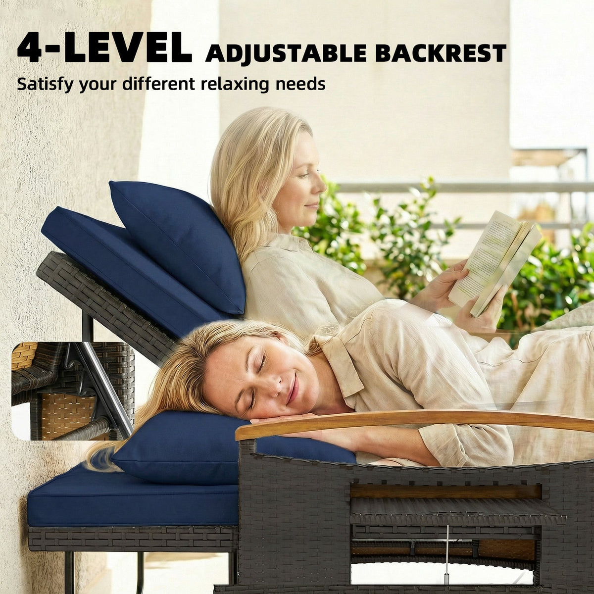 Rattan Daybed with Adjustable Backrest, Storage Ottoman, Navy Blue — product view 7