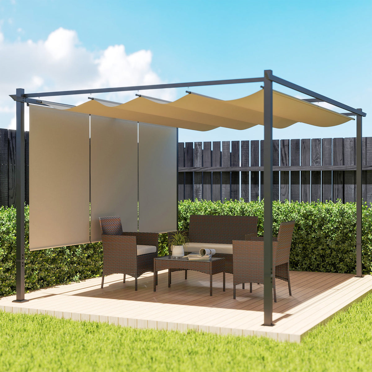 3 x 4m Metal Pergola with Retractable Roof & Roller Shade, Beige — product view 3