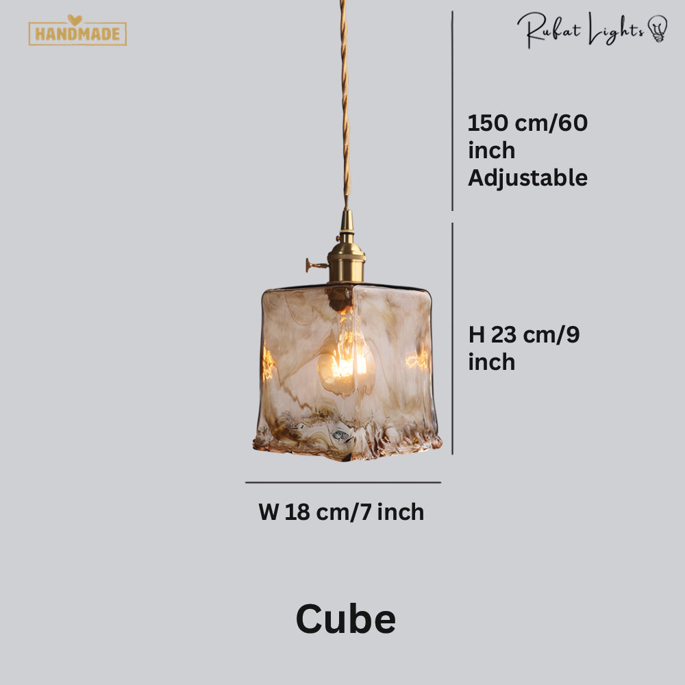 Brass Amber Glass Pendant Light Modern Dining Room Kitchen Island Bar — Pot Cone Dish Cube — product view 4
