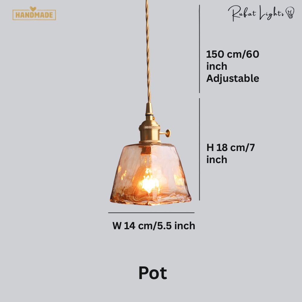 Brass Amber Glass Pendant Light Modern Dining Room Kitchen Island Bar — Pot Cone Dish Cube — product view 1