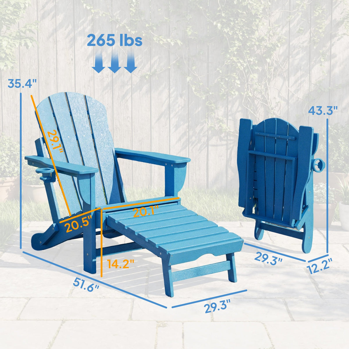 2 Piece Folding Adirondack Chairs with Ottoman and Cup Holder, Blue — product view 5