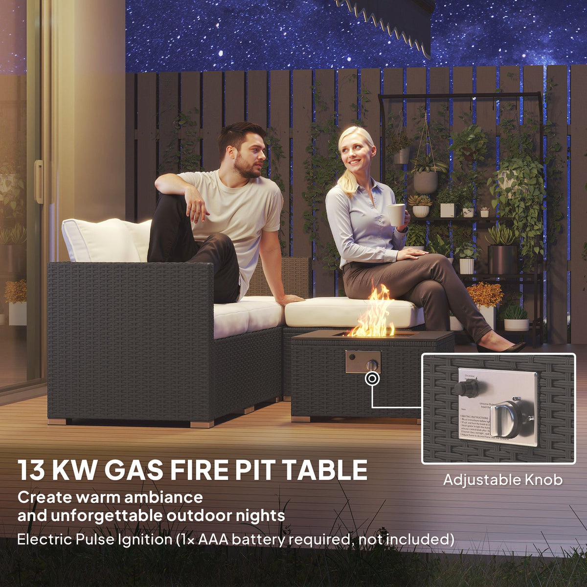 5 Piece Rattan Garden Furniture Set with Gas Fire Pit Table & Footstool, Black/Cream — product view 7