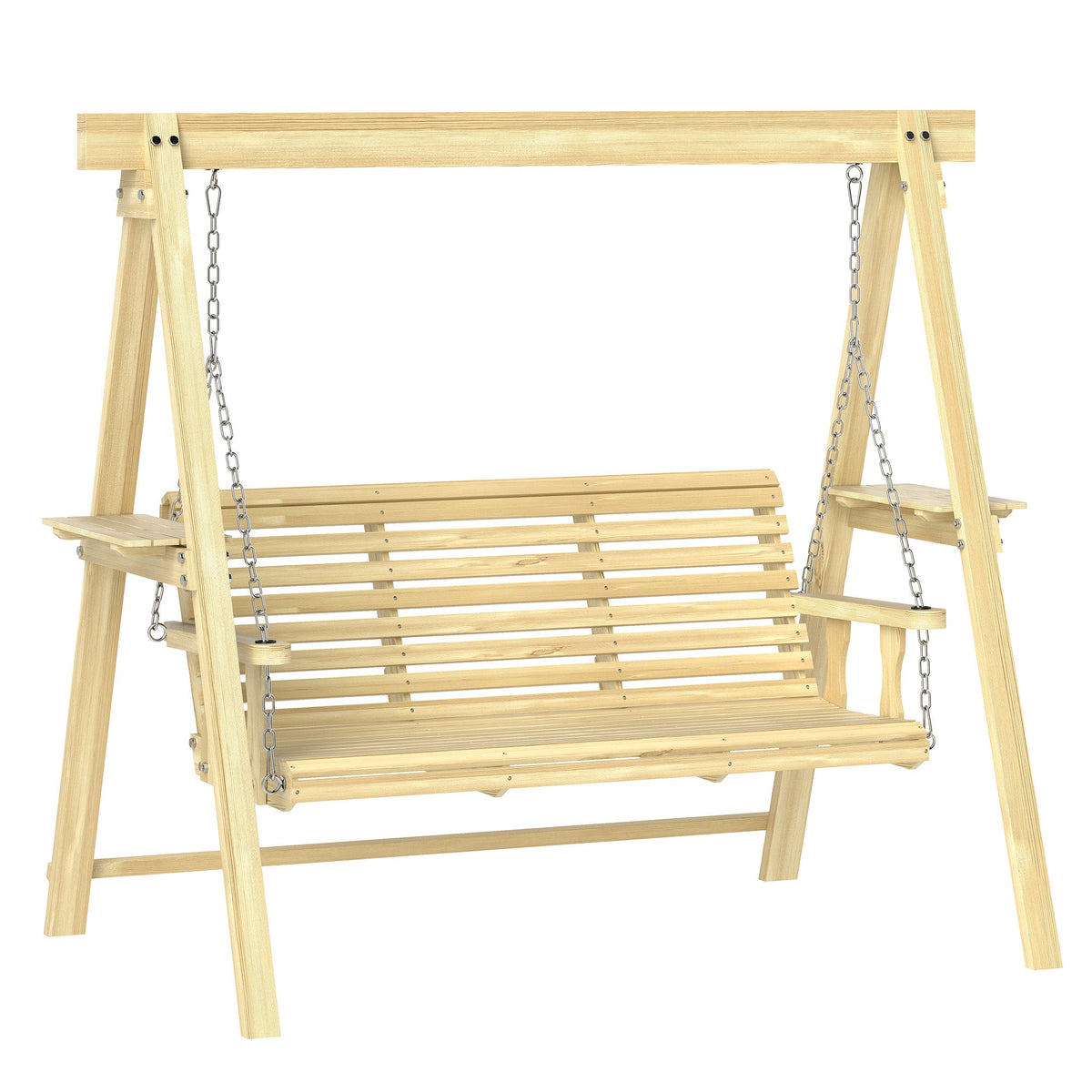 3-Seat Wooden Porch Swing with Stand and Side Tables, Natural Wood — product view 1