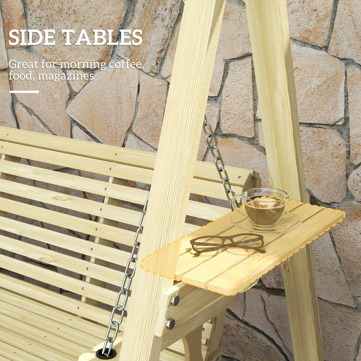 3-Seat Wooden Porch Swing with Stand and Side Tables, Natural Wood — product view 7