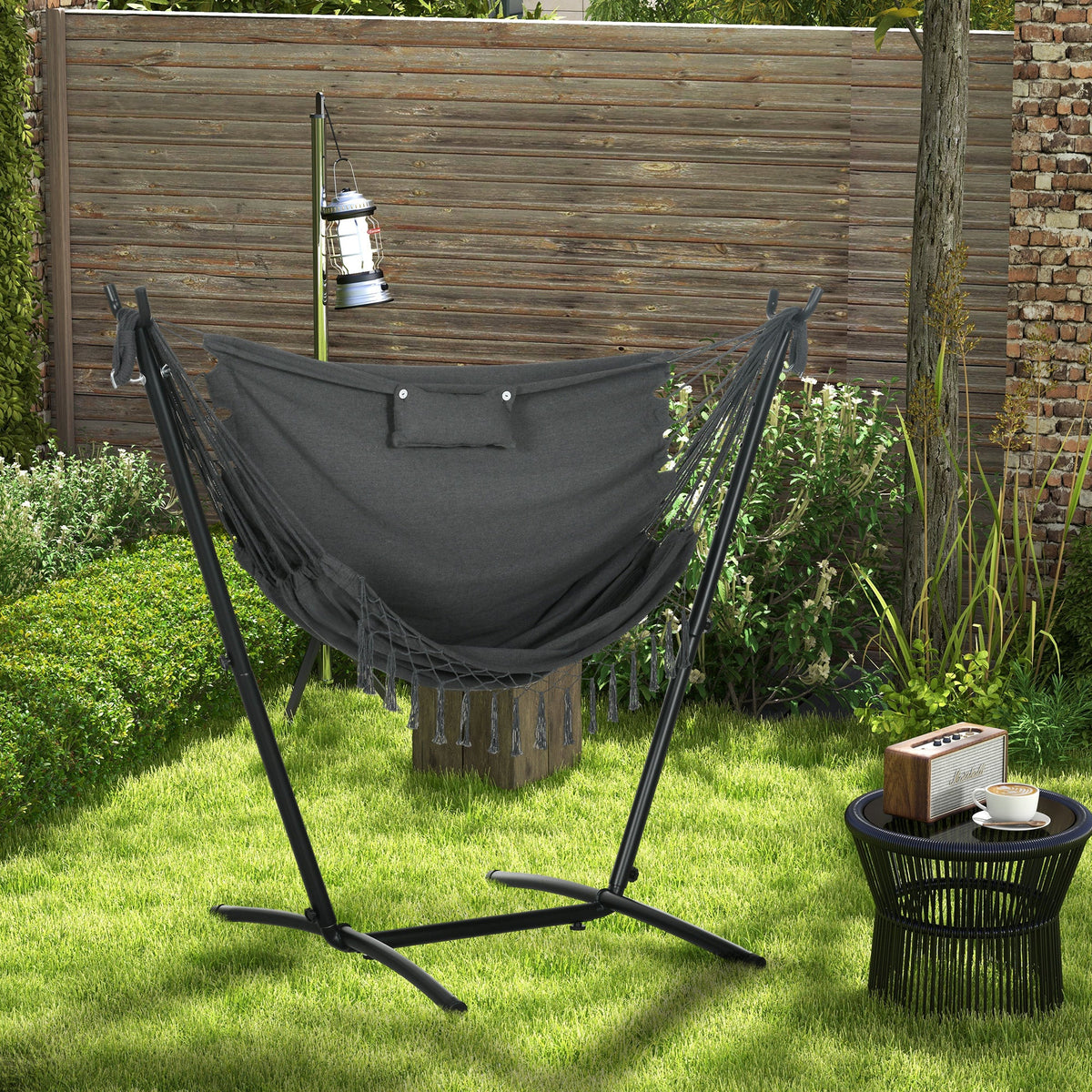 Patio Hammock Chair with Stand, Headrest and Side Pocket, Dark Grey — product view 3