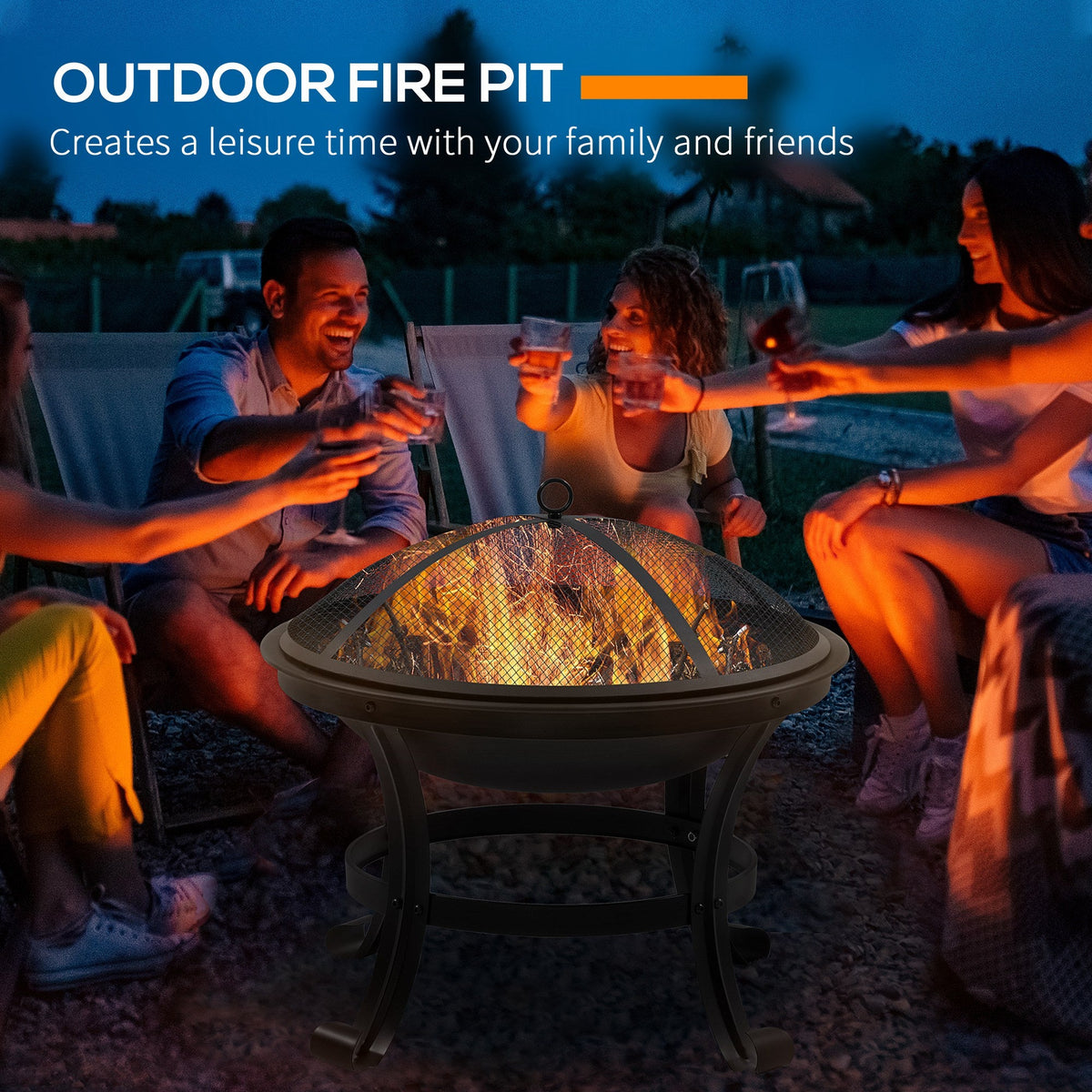 21.7" Outdoor Fire Pit with Mesh Lid and Poker, Black — product view 6