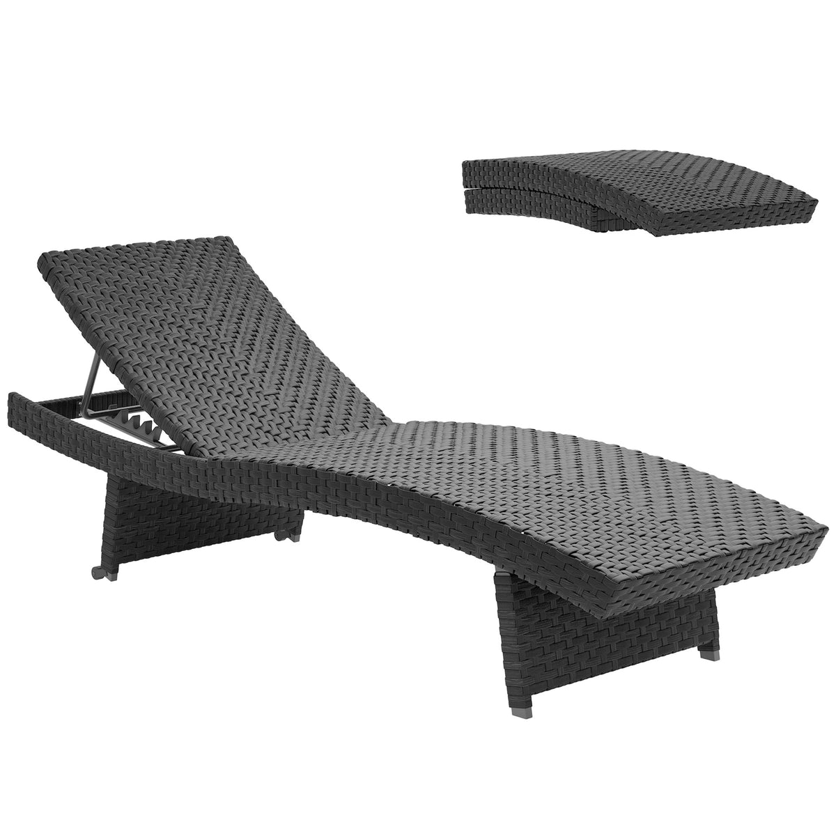 Folding PE Rattan Sun Lounger with Wheels & Adjustable Backrest, Black — product view 1