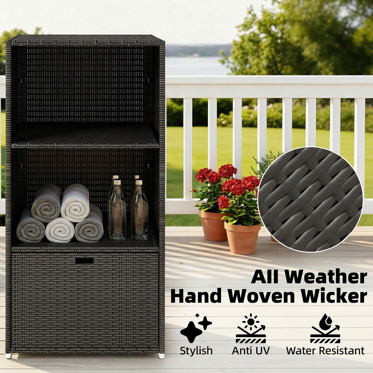 Pool Towel Rack with 2 Shelves and Basket Drawer, PE Rattan, Dark Brown — product view 7