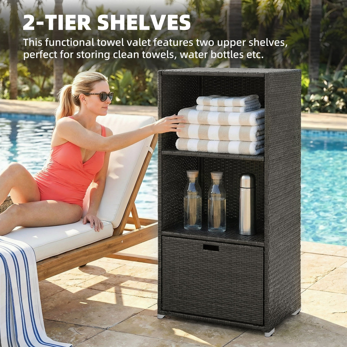 Pool Towel Rack with 2 Shelves and Basket Drawer, PE Rattan, Dark Brown — product view 6