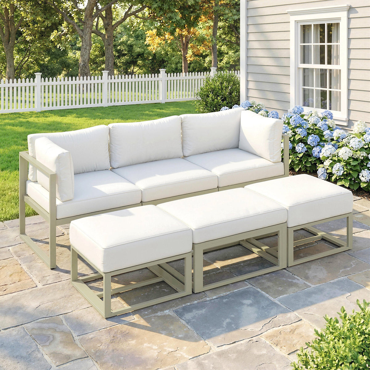 6 Piece Garden Daybed Set with Coffee Table and Footstool, Cream White — product view 3