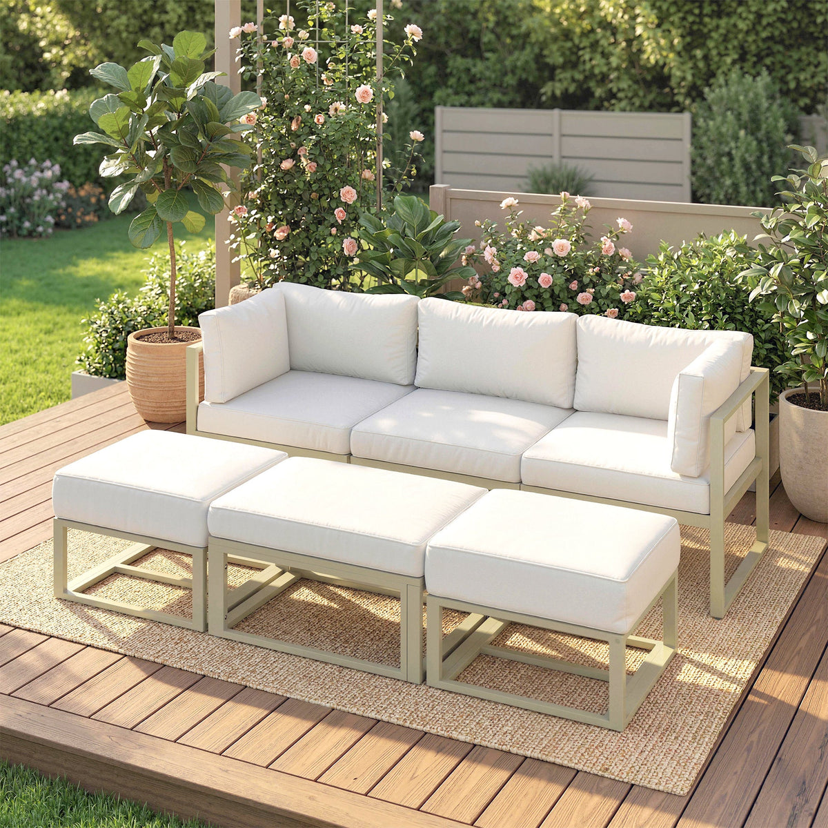 6 Piece Garden Daybed Set with Coffee Table and Footstool, Cream White — product view 4