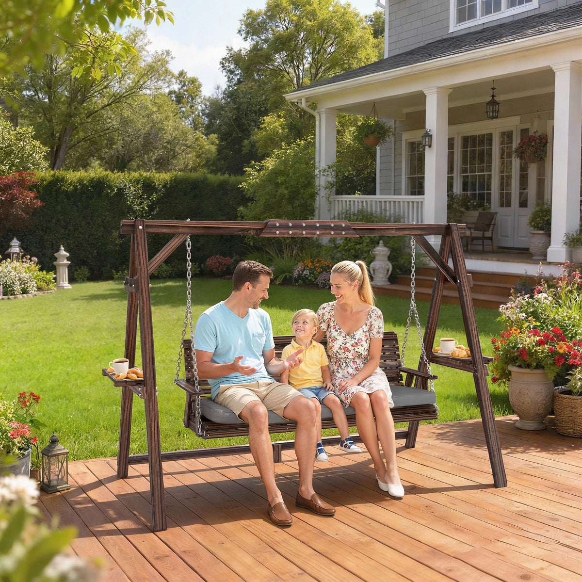 3 Seater Wooden Garden Swing Seat with Cushion and Side Trays, Carbonised Brown — product view 3