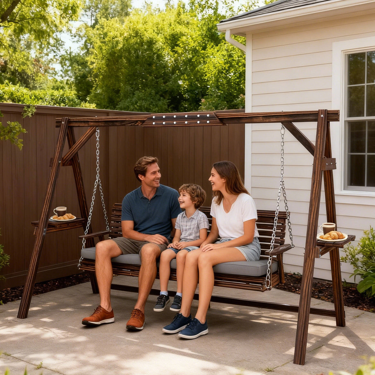 3 Seater Wooden Garden Swing Seat with Cushion and Side Trays, Carbonised Brown — product view 4