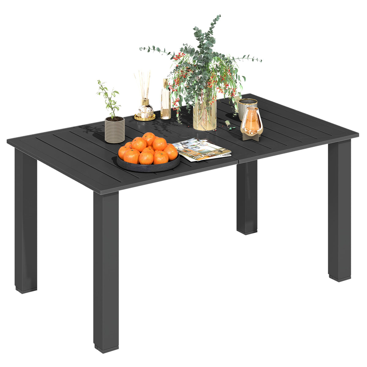 150 x 90 x 73 cm Garden Table with Parasol Hole for 6, Black — product view 1