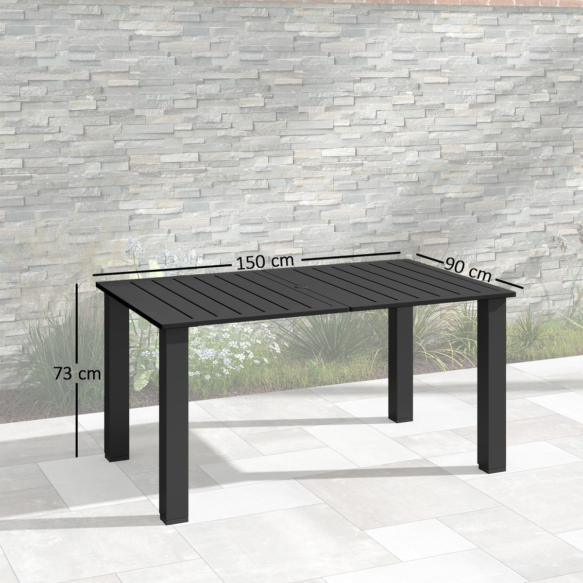 150 x 90 x 73 cm Garden Table with Parasol Hole for 6, Black — product view 5