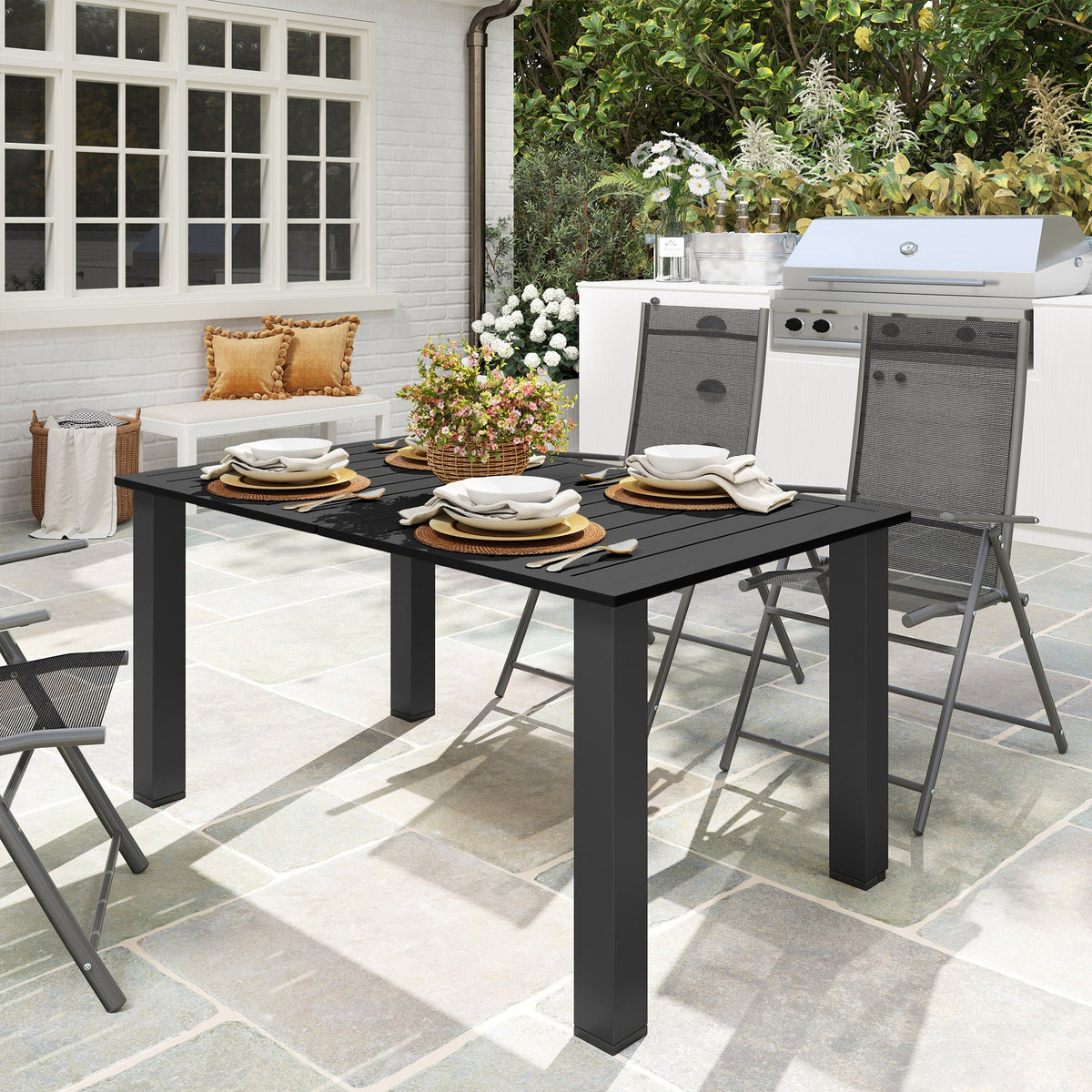150 x 90 x 73 cm Garden Table with Parasol Hole for 6, Black — product view 3