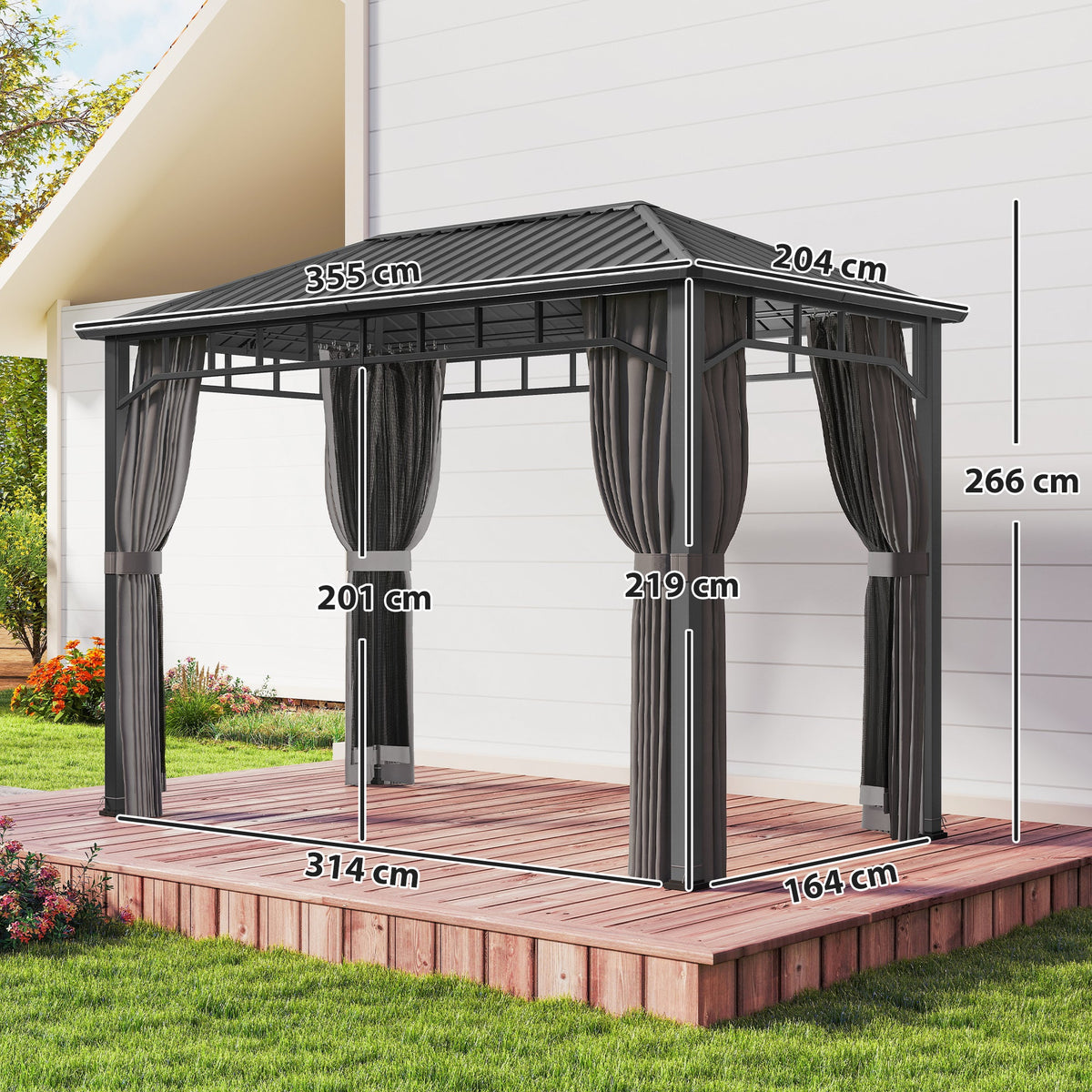 2 x 3.5 m Hardtop Gazebo with Galvanised Roof, Netting & Curtains, Dark Grey — product view 5