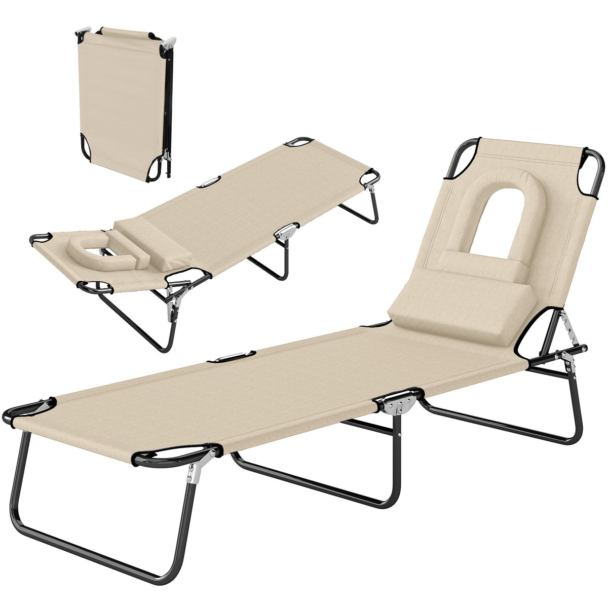 Folding Outdoor Lounge Chair with Face Hole and Pillow, Beige — product view 2