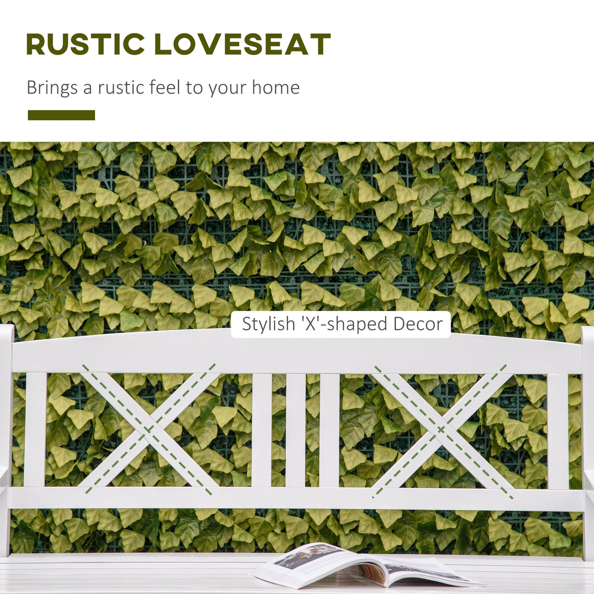 4FT 2-Seater Wooden Garden Bench with X-Shape Back, White — product view 6
