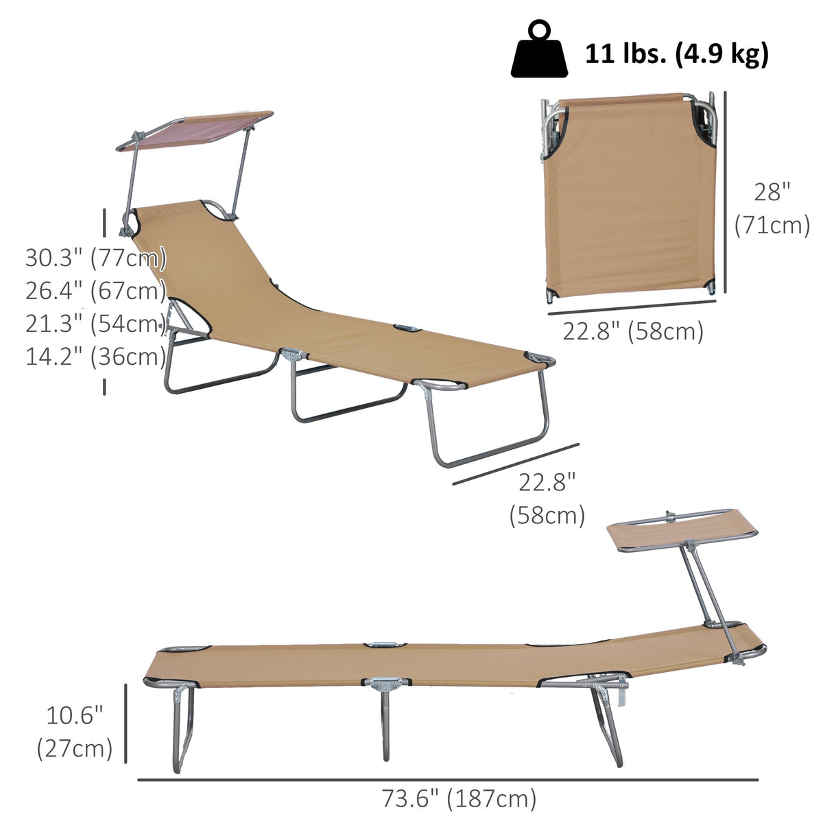 Adjustable Folding Lounge Chair with Sun Shade, Brown — product view 5