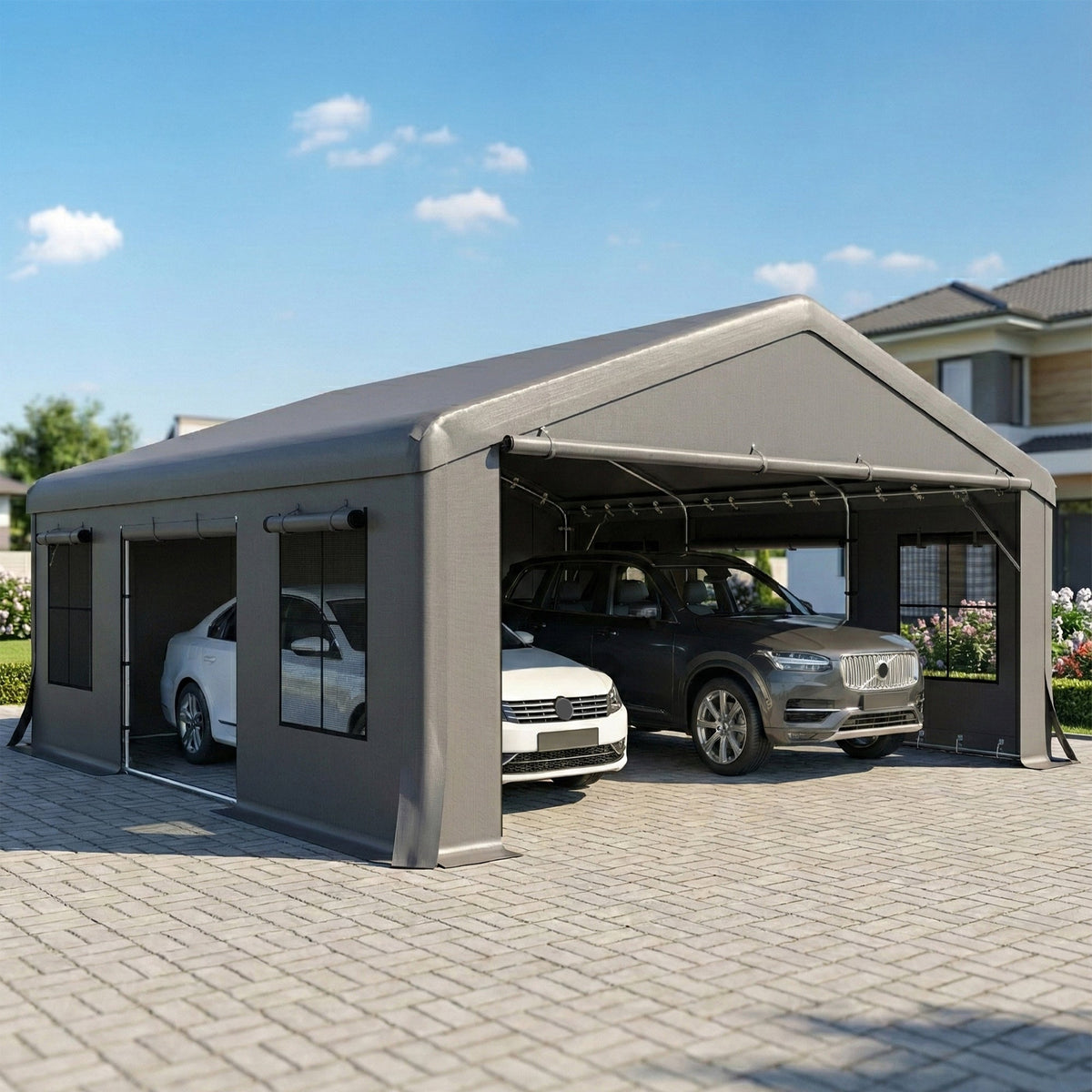 20' x 20' Heavy Duty Carport with 3 Roll-Up Doors, Dark Gray — product view 3