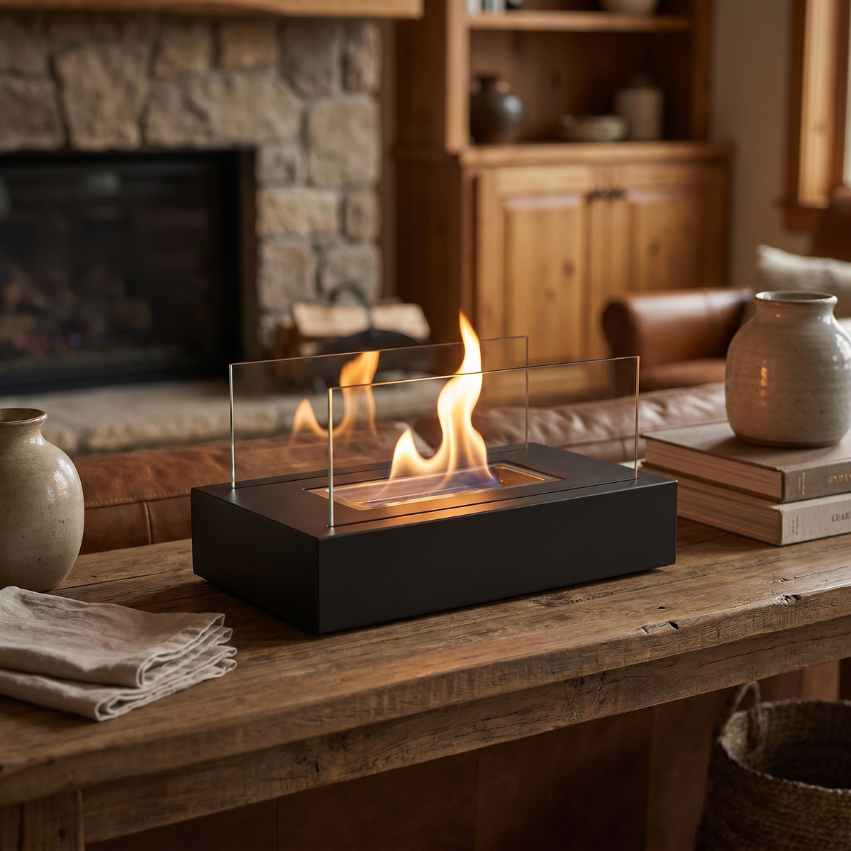 Tabletop Fireplace, Real Flame, Metal and Tempered Glass, Black or White — product view 2