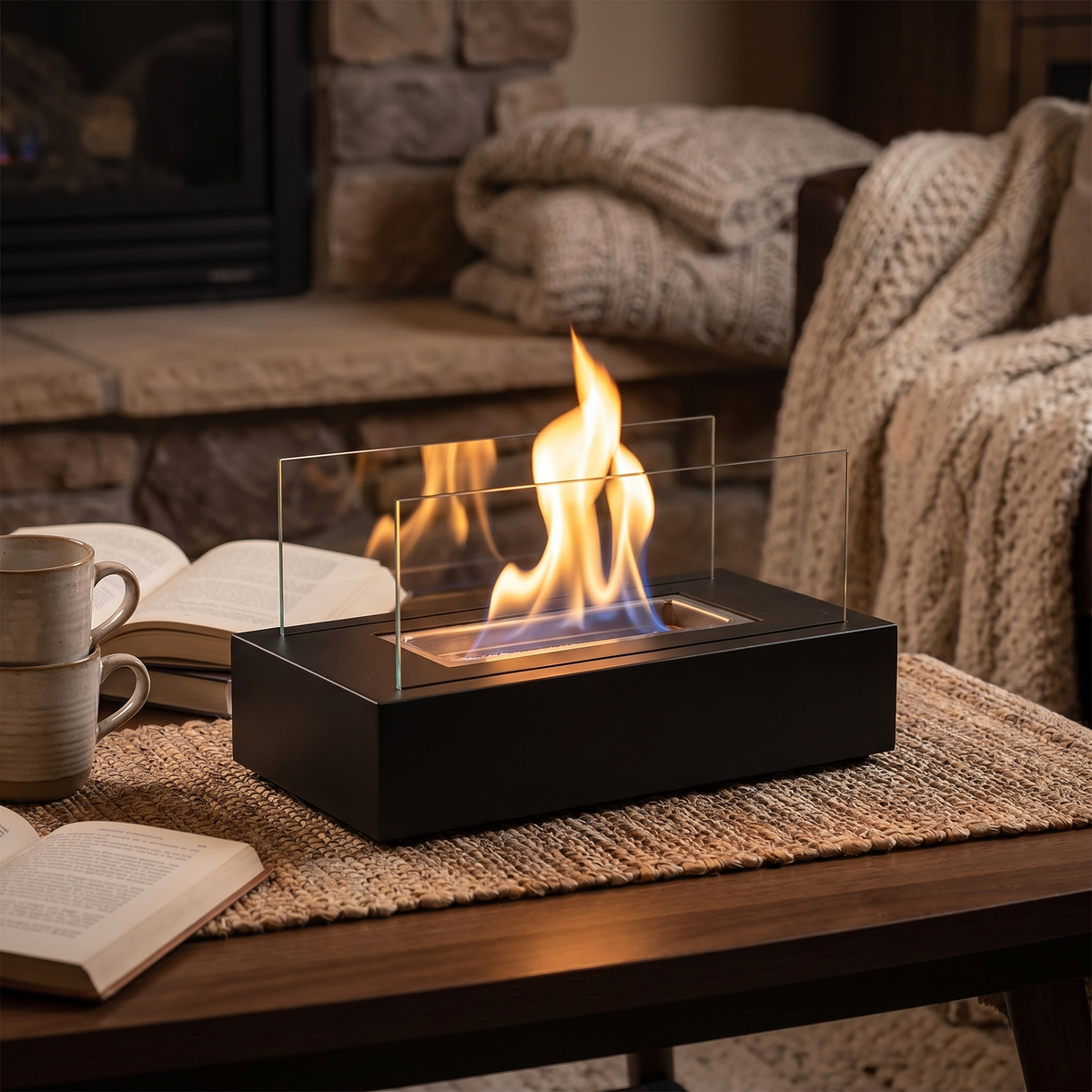 Tabletop Fireplace, Real Flame, Metal and Tempered Glass, Black or White — product view 5