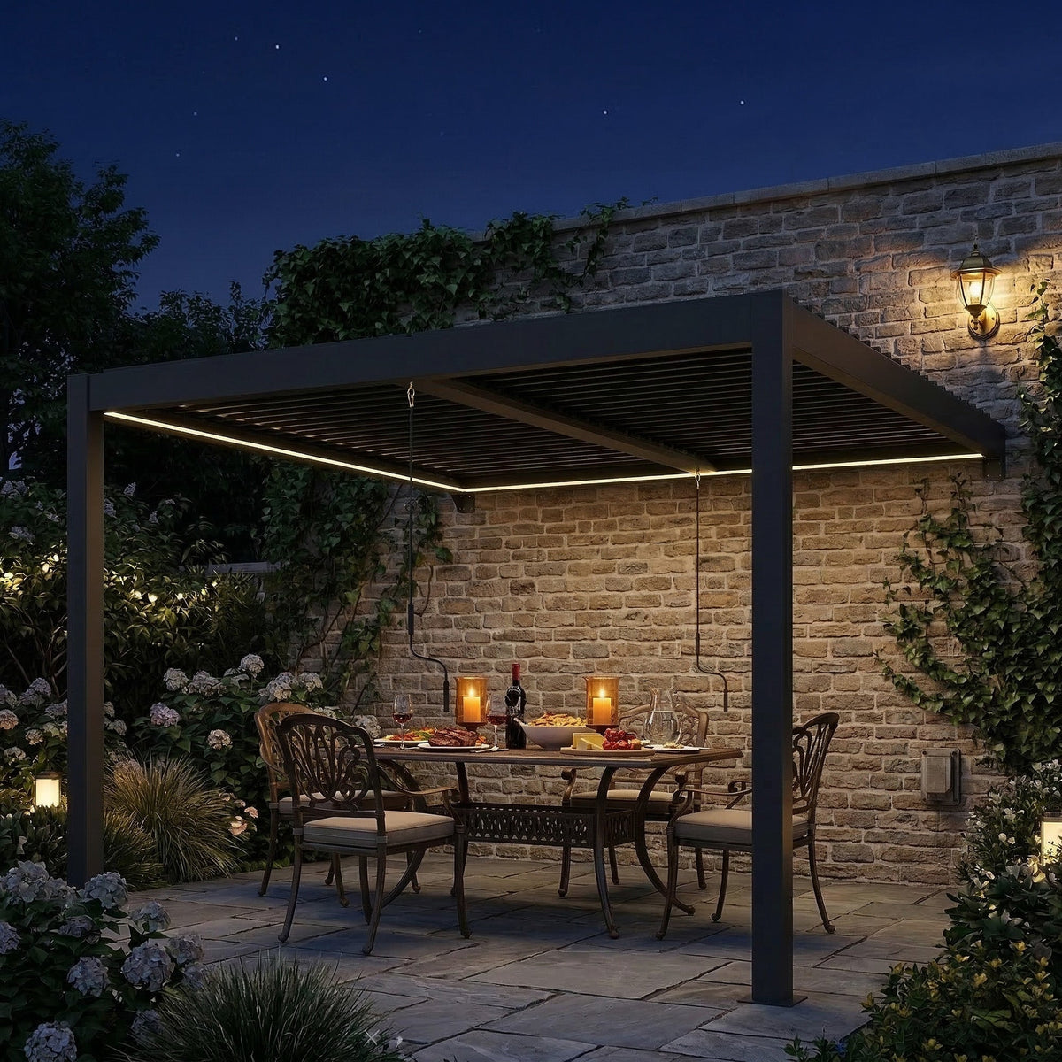 3 x 3 m Dark Grey Louvered Pergola with Adjustable Metal Roof, LED Lights — product view 4