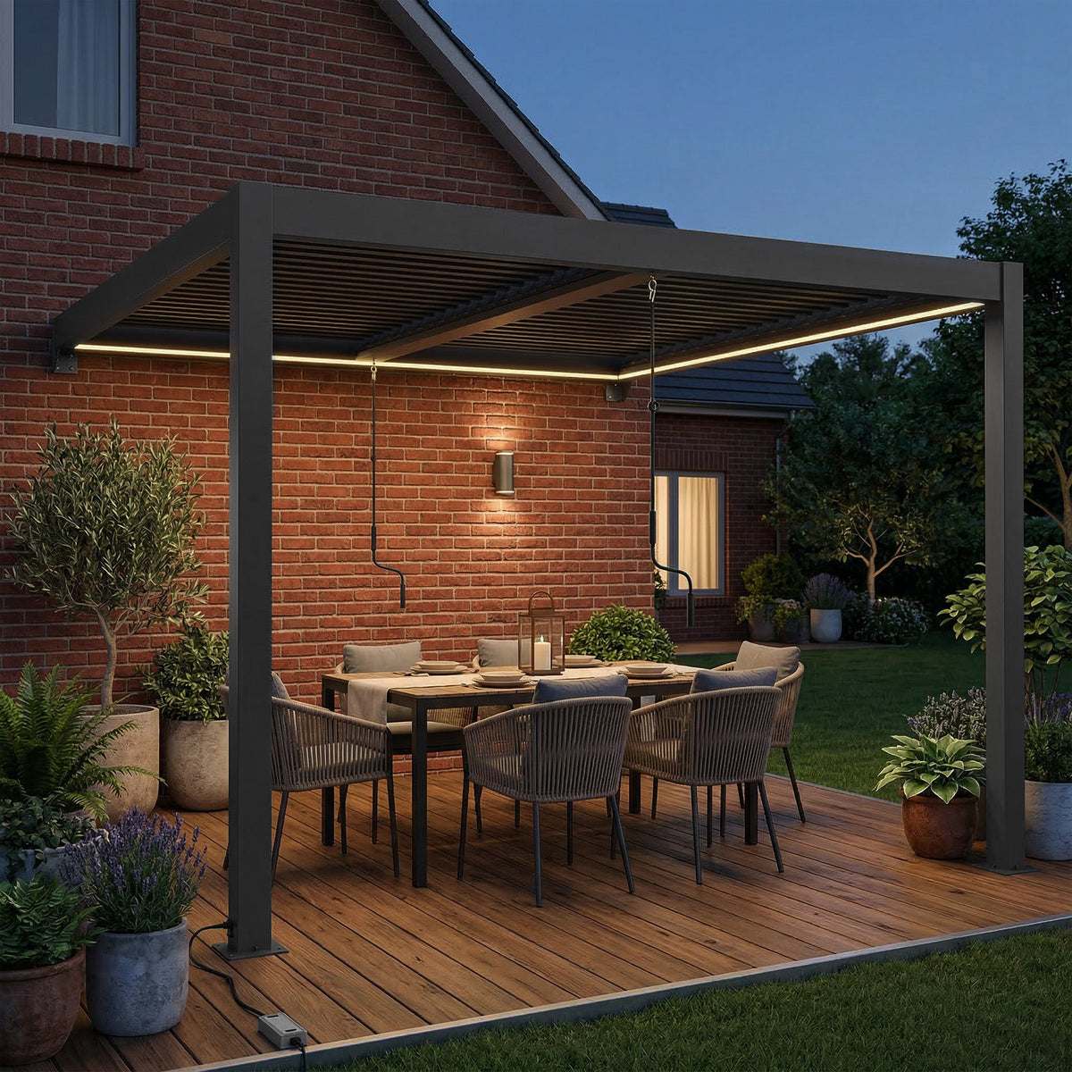 3 x 3 m Dark Grey Louvered Pergola with Adjustable Metal Roof, LED Lights — product view 3