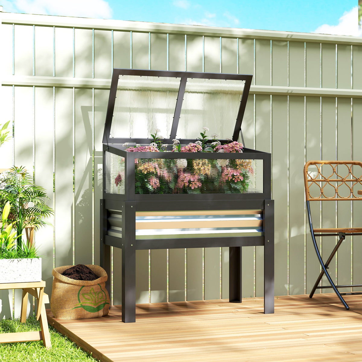 Raised Garden Bed with Flip-Up Greenhouse Top and Legs, Gray — product view 3