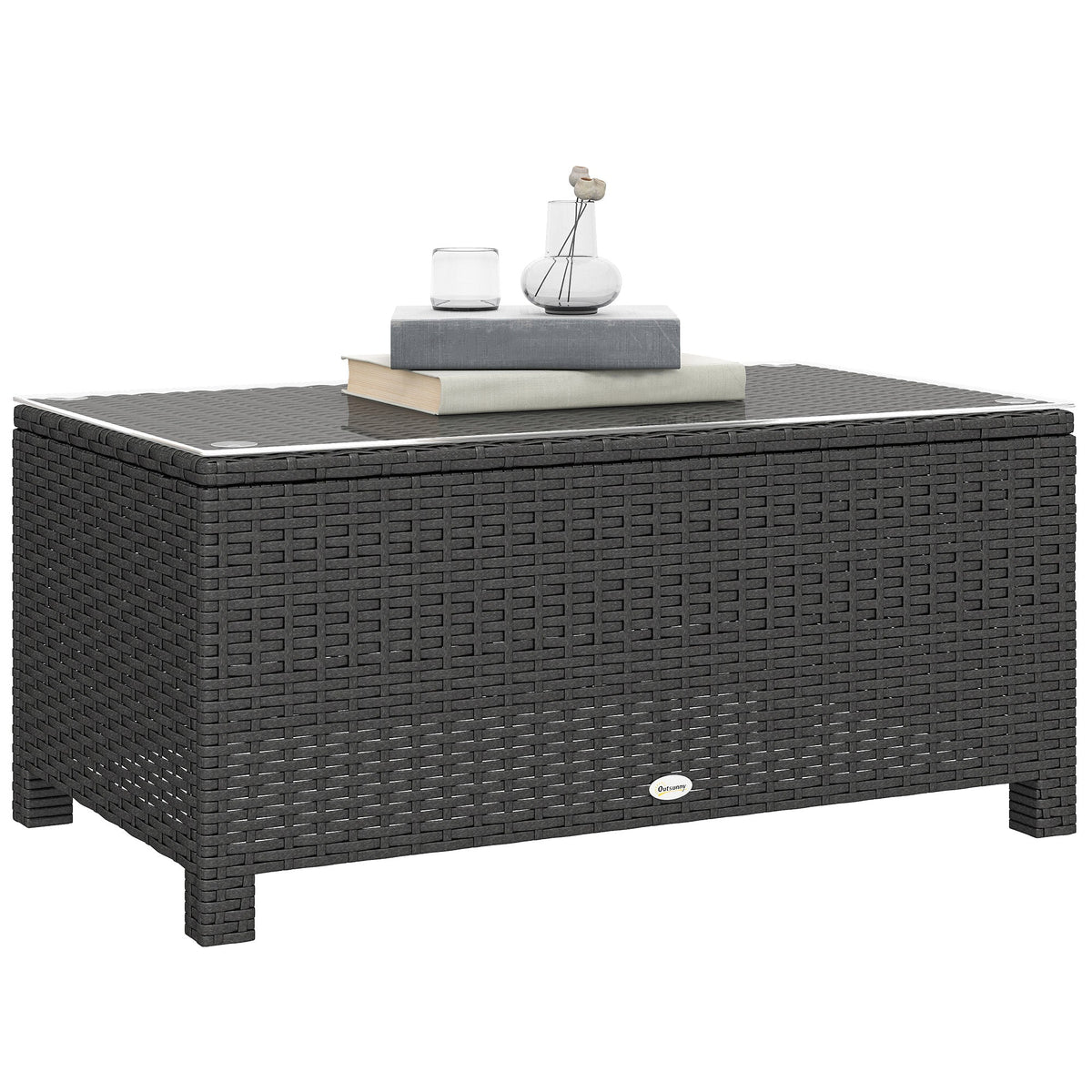 Rattan Coffee Table with Tempered Glass Top, Dark Grey — product view 1