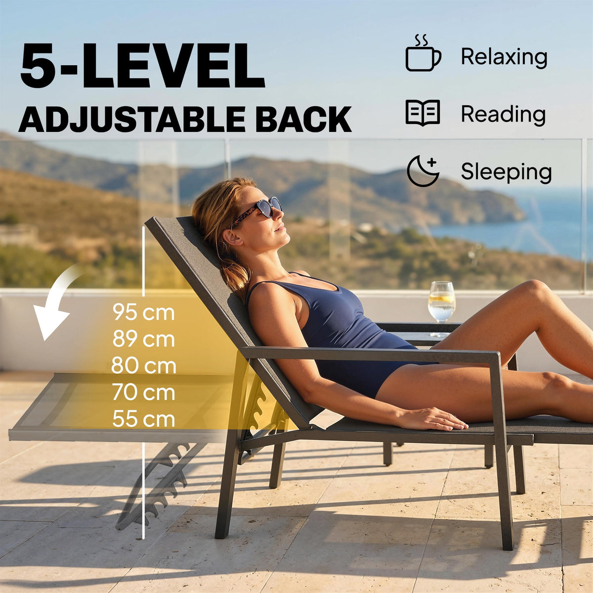 5-Position Adjustable Sun Lounger with Retractable Footrest, Steel Frame, Black — product view 7