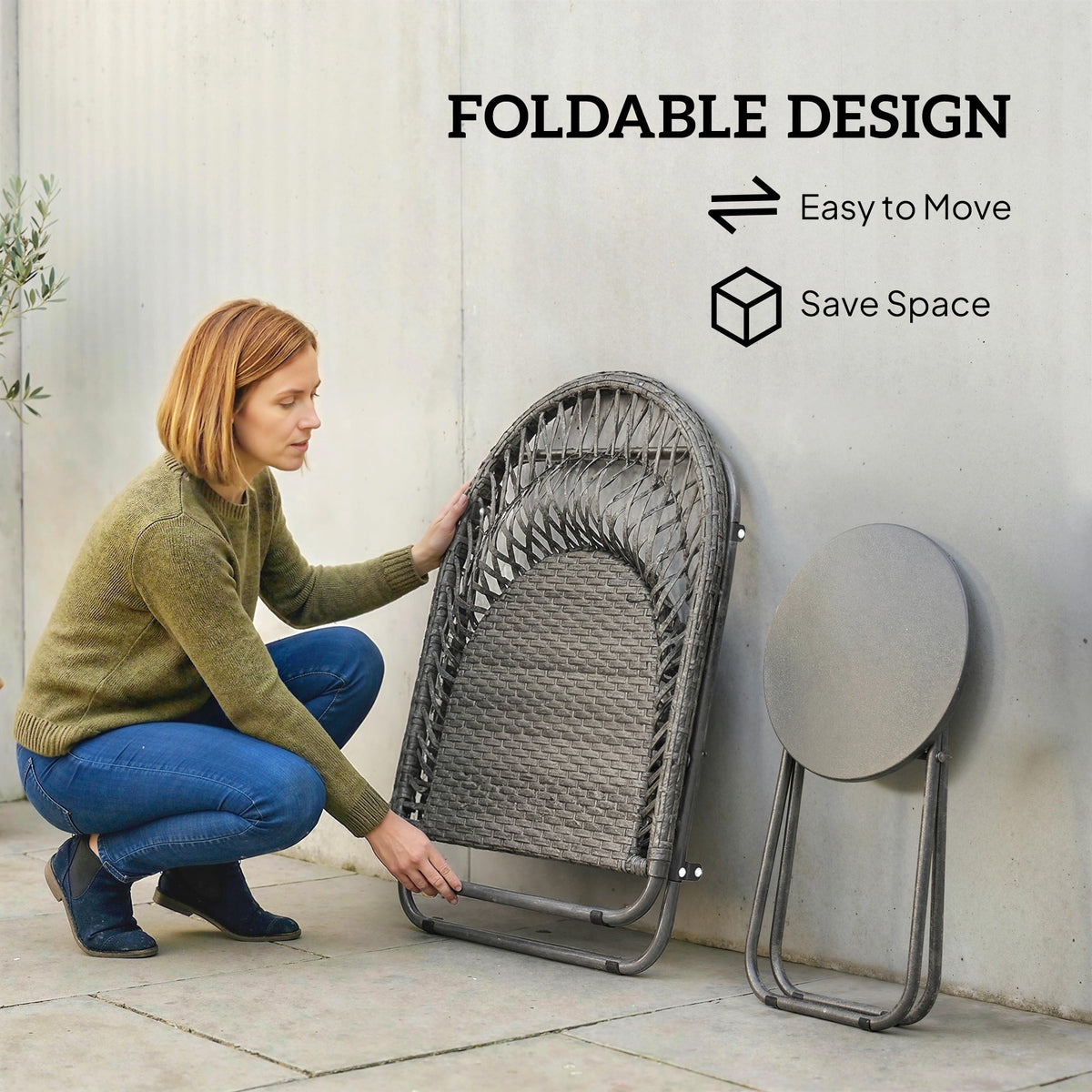 3 Piece Patio Bistro Set with Folding Rattan Chairs, Grey — product view 7