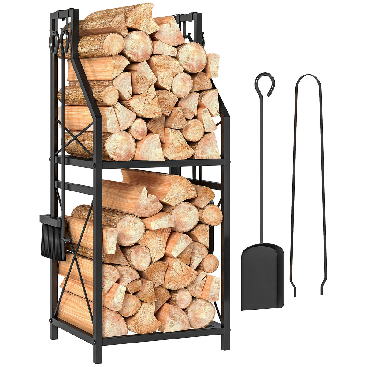 13 in 2-Tier Firewood Log Rack with Hooks & 4 Fireplace Tools, Black — product view 1