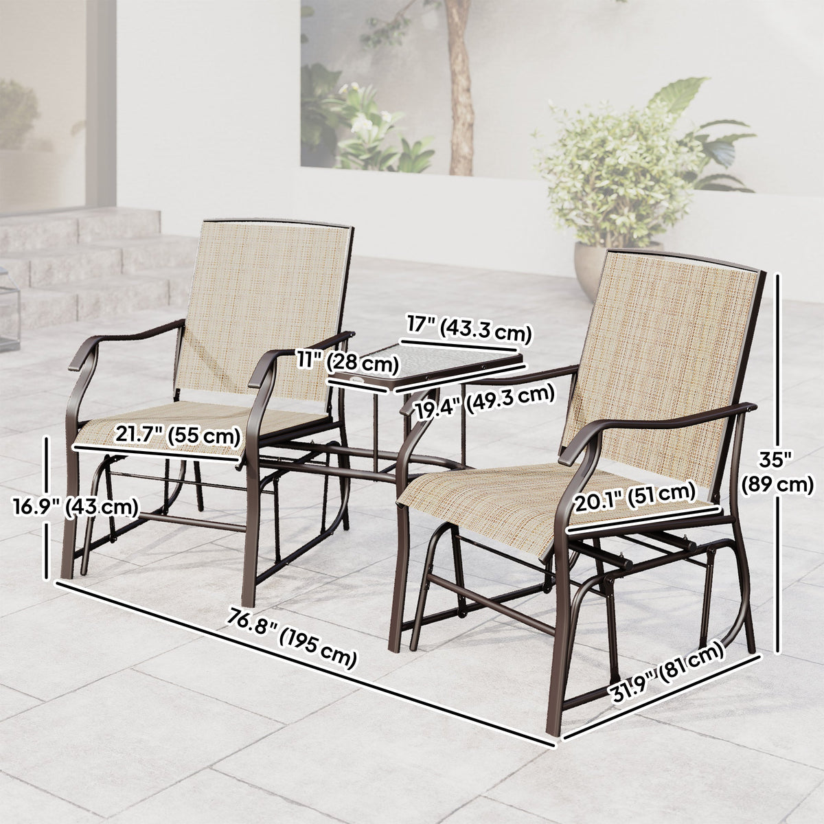 Double Patio Glider Chair with Glass Top Center Table, All Weather Breathable Mesh Fabric, Light Brown — product view 5