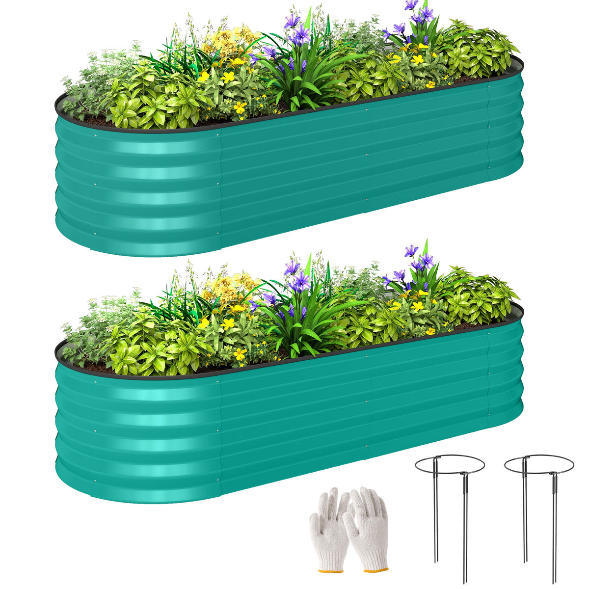 Set of 2 Galvanised Raised Beds with Stakes, 150 x 60 x 30 cm, Green — product view 1