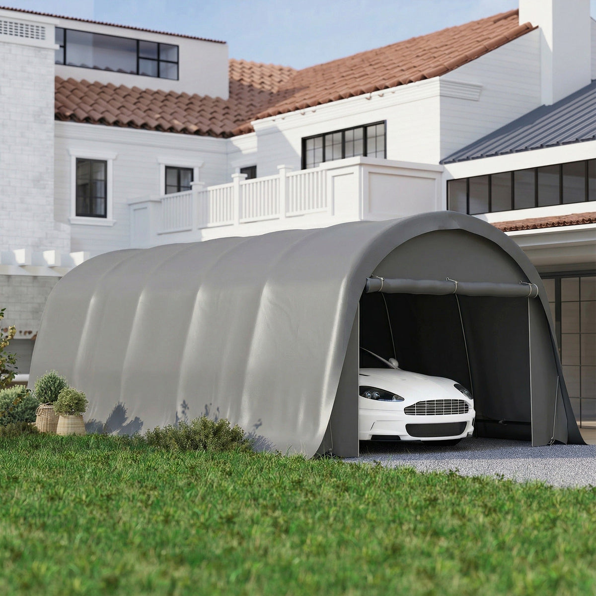 12' x 23.6' Heavy Duty Carport with Roll-Up Door, Dark Gray — product view 3