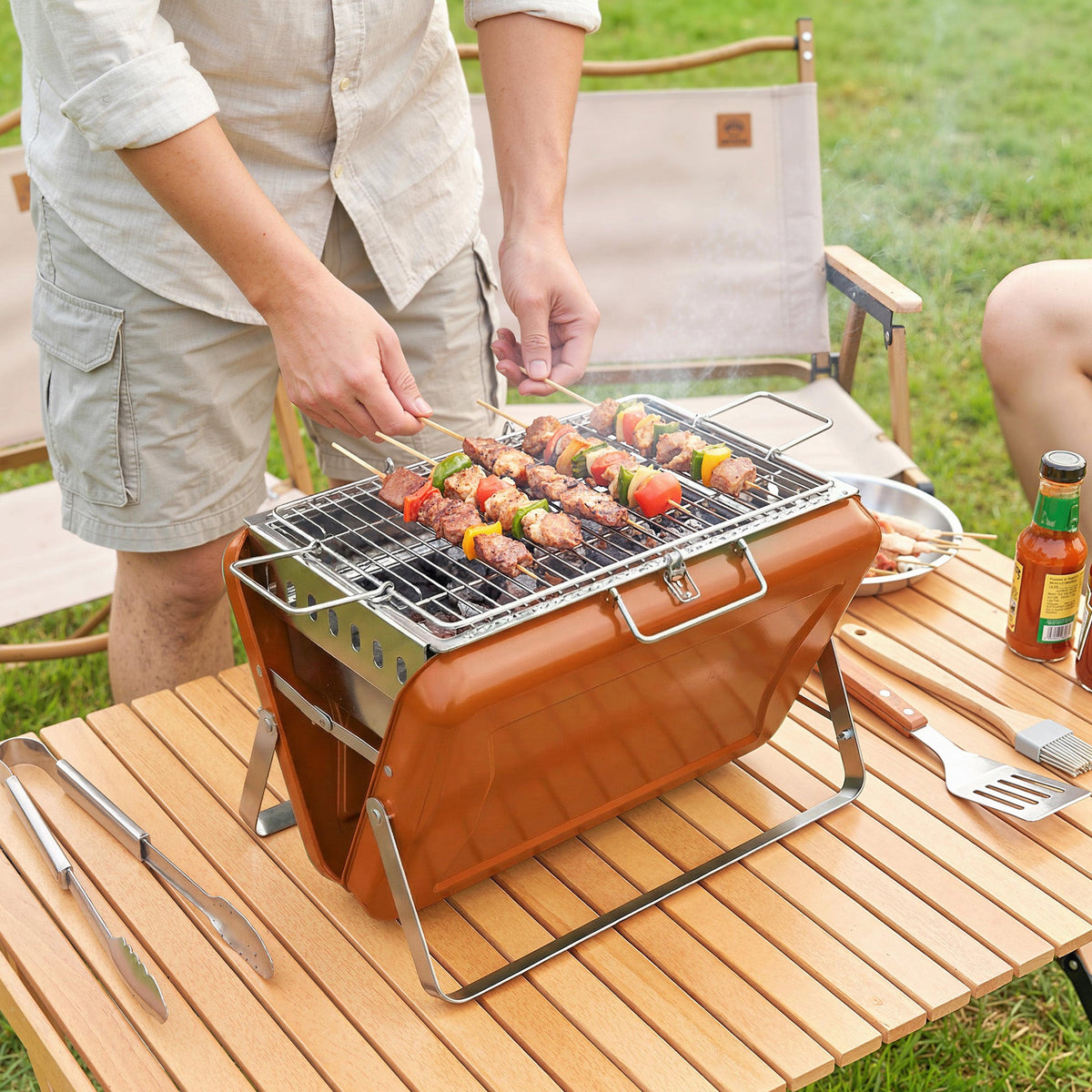 Folding Portable Charcoal BBQ Grill with Handle and Foldable Legs, Orange — product view 4